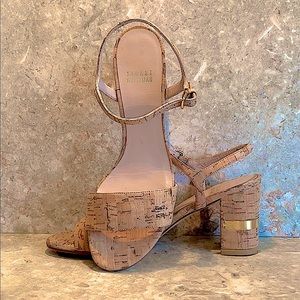 Stuart Weirzman Cork sandal with gold metal detail